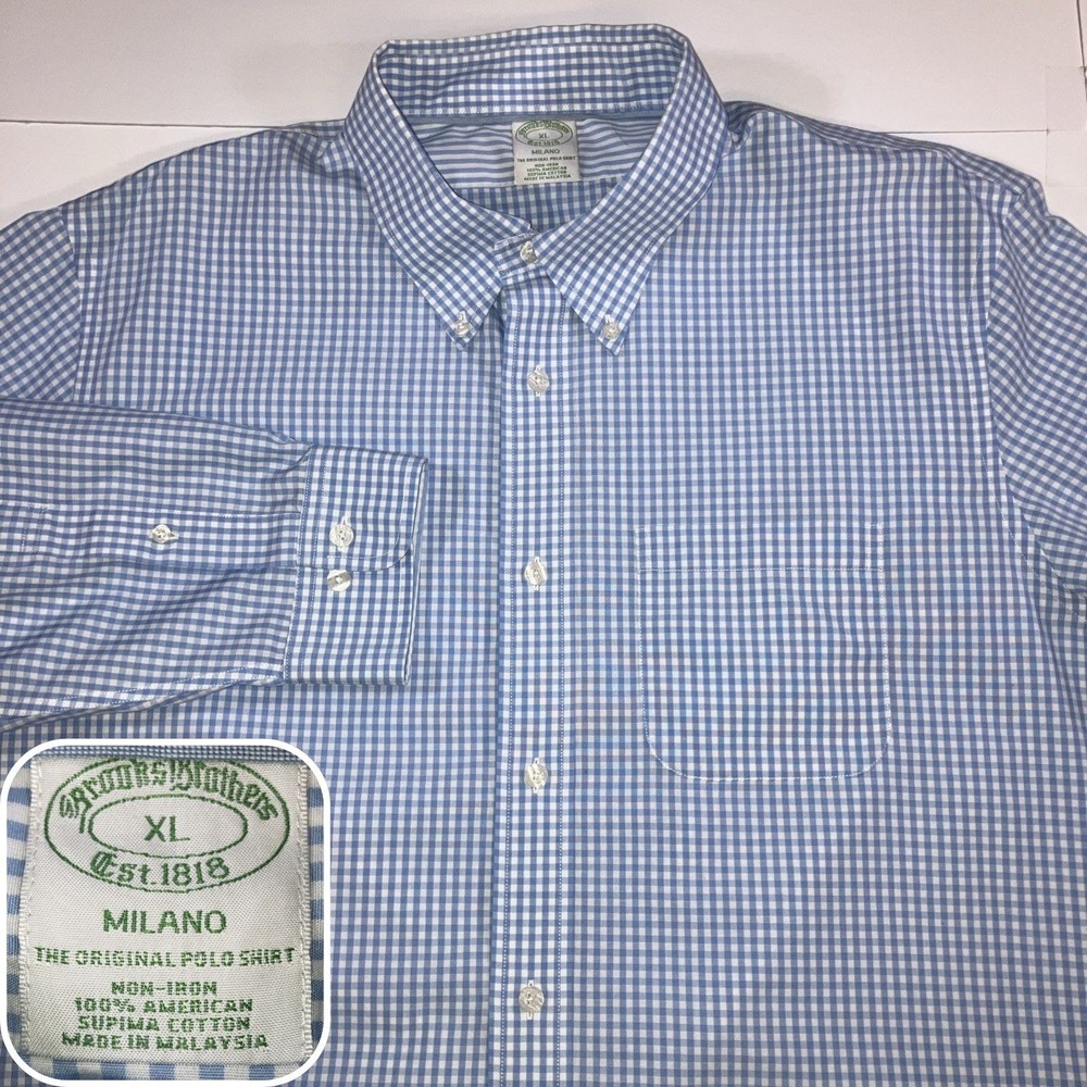 Brooks Brothers Milano Shirt Mens XL Blue Gingham Check Supima Cotton